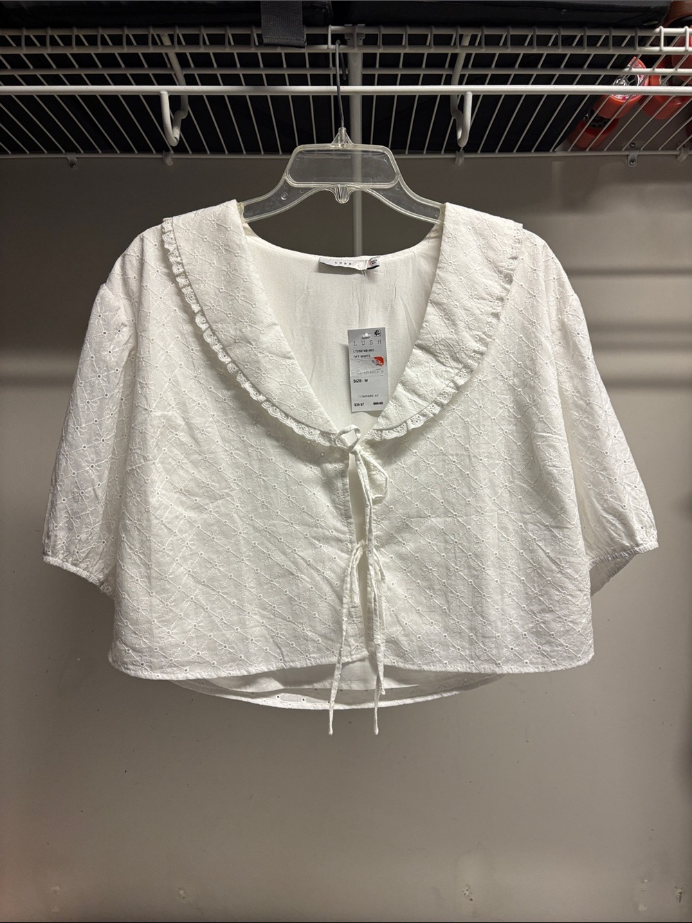 Lush White Eyelet Tie-Front Peasant Top